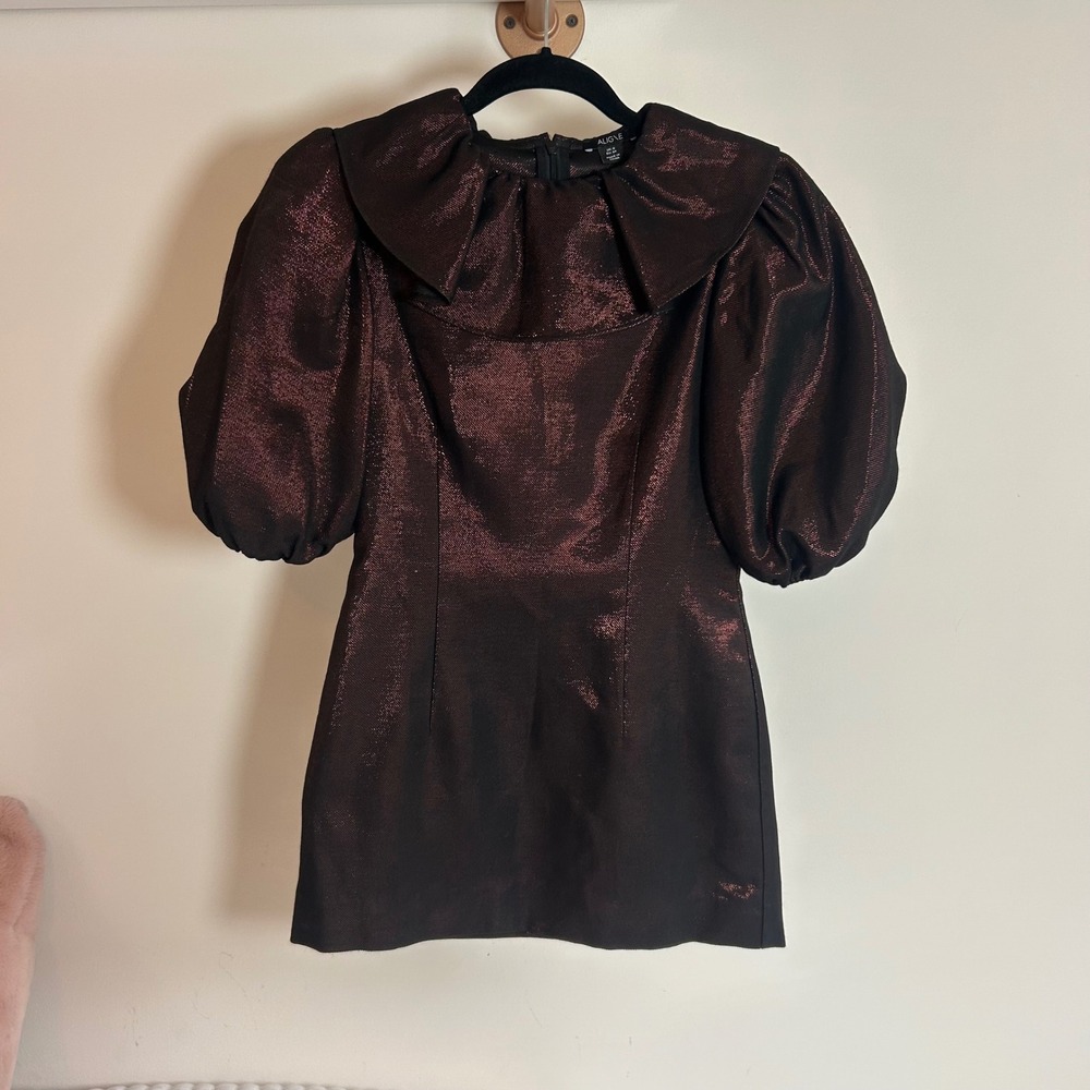 Aligne Dramatic Puff Sleeve Metallic‎ Mini Dress Merlot Sparkle